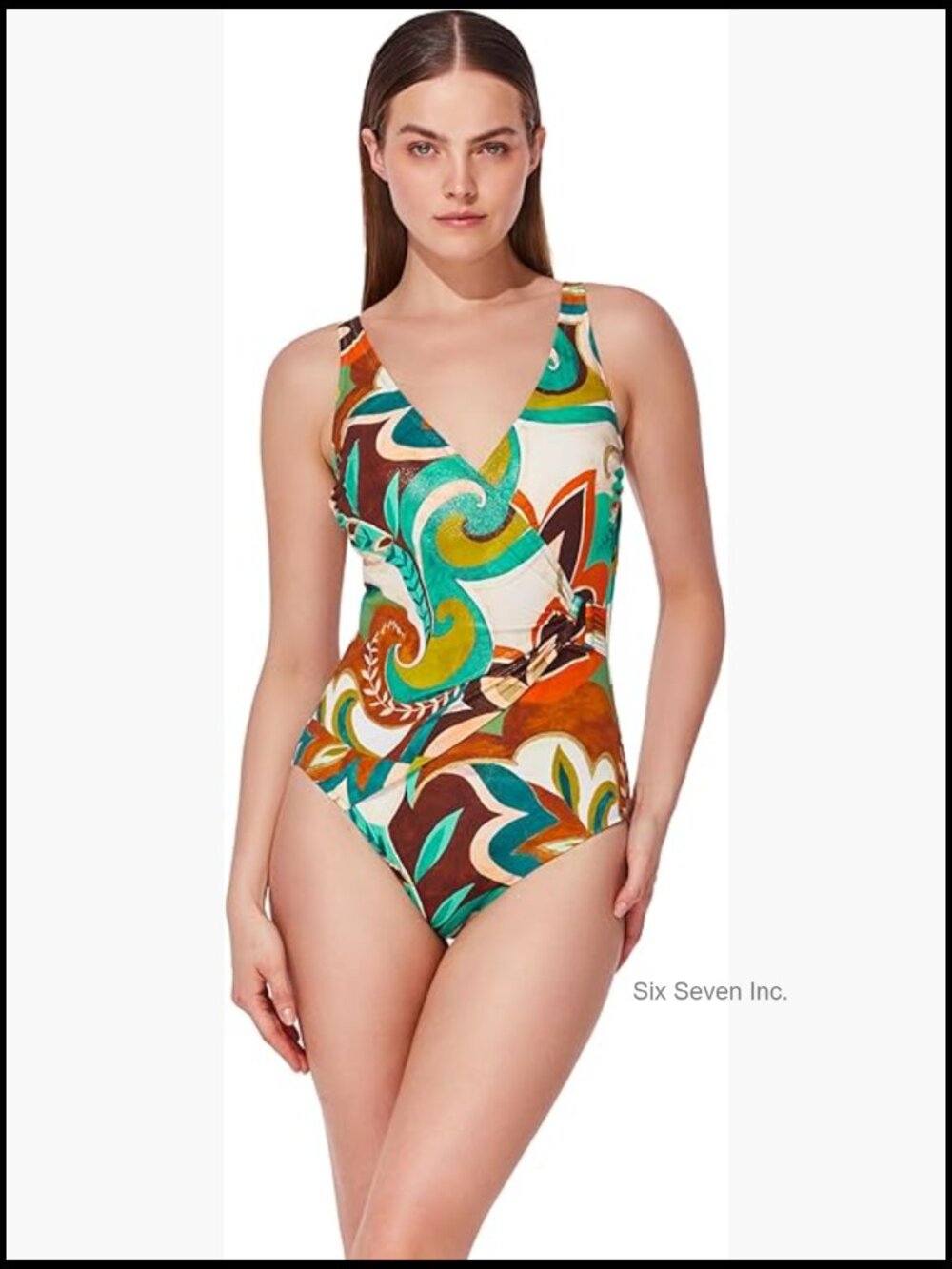 Surplice One Piece Swimsuit U Wire Insert Built-in Soft Cups Tummy Control